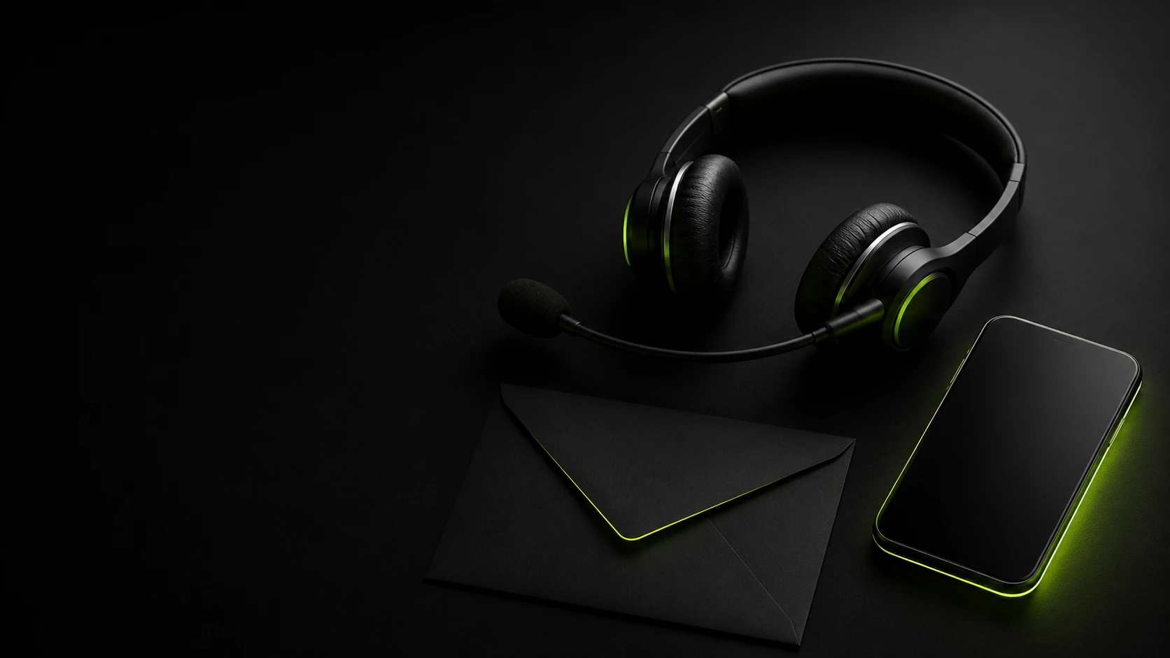 Headset, phone, and envelope on a dark surface